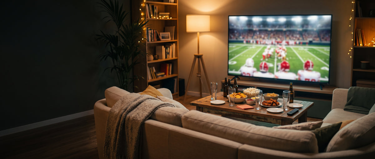 Gemütliches Wohnzimmer am Sonntagabend mit Football im Fernsehen und Snacks auf dem Couchtisch