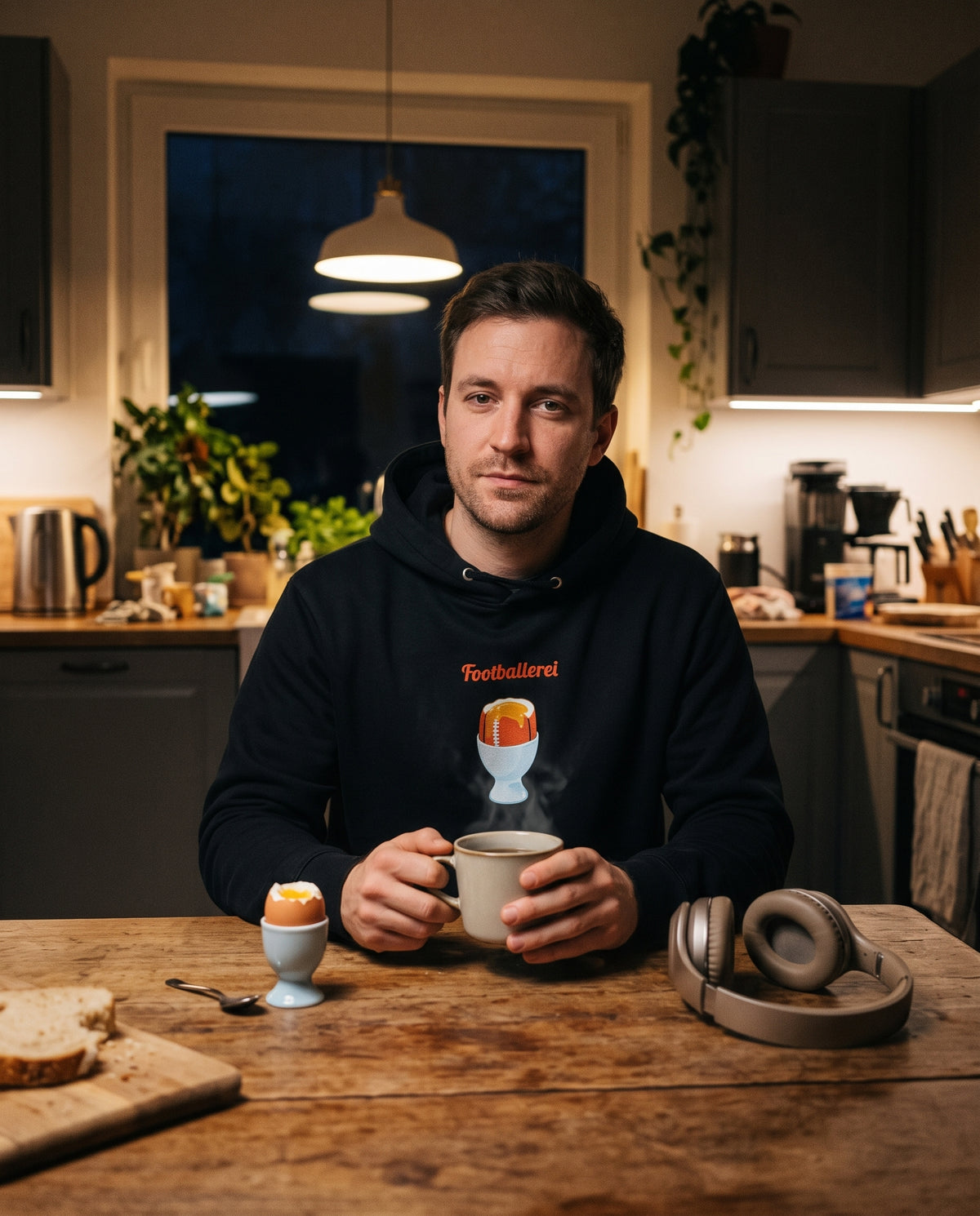 Fan im schwarzen Frühstücksei-Hoodie beim frühen Montagsfrühstück mit Kaffee und Frühstücksei