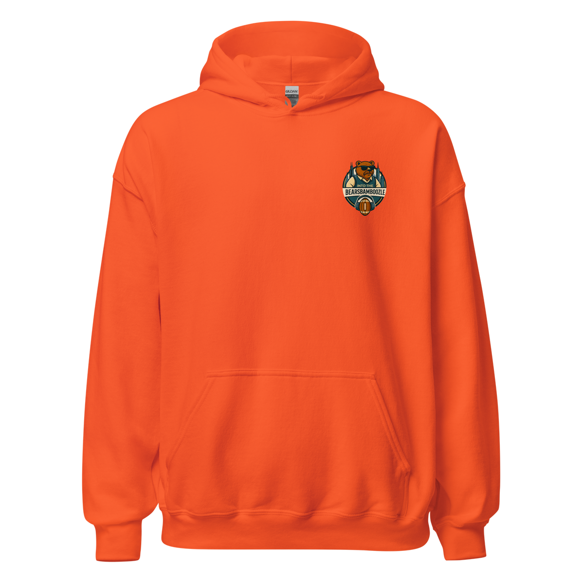 Into the BearsBamboozle Hoodie in Orange, Vorderansicht – Merch zum Chicago-Bears-Podcast der Footballerei