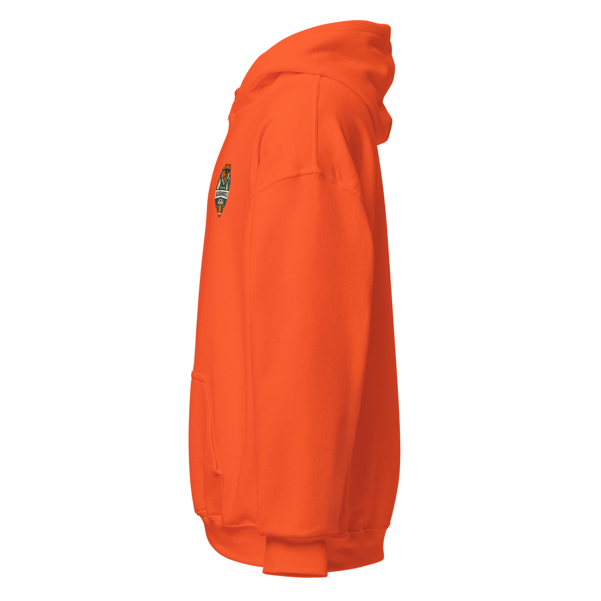 Into the BearsBamboozle Hoodie in Orange, Seitenansicht links – Merch zum Chicago-Bears-Podcast der Footballerei