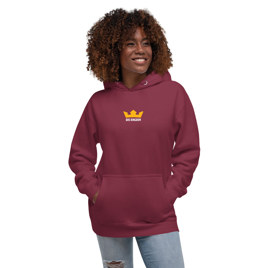 Das-Kingdom-Hoodie in Weinrot mit gelber Krone