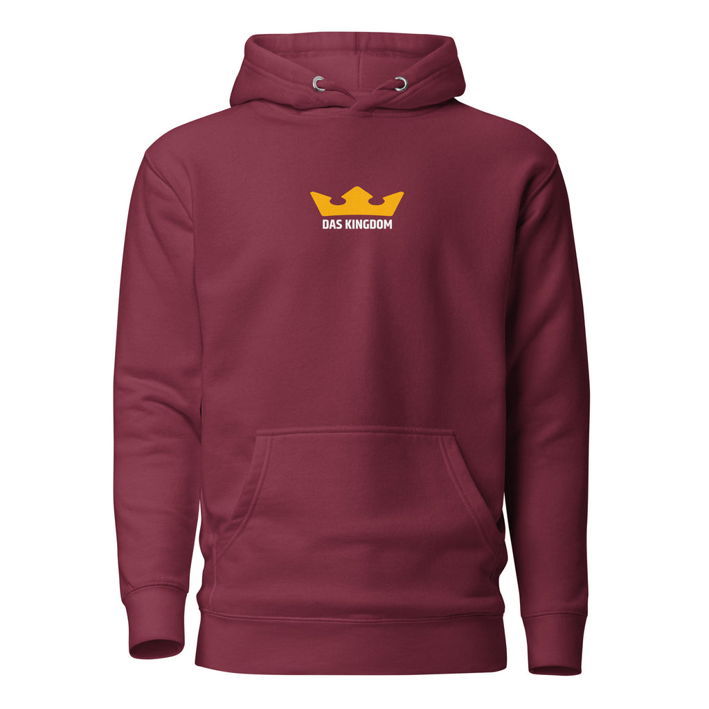 Das-Kingdom-Hoodie in Weinrot mit gelber Krone